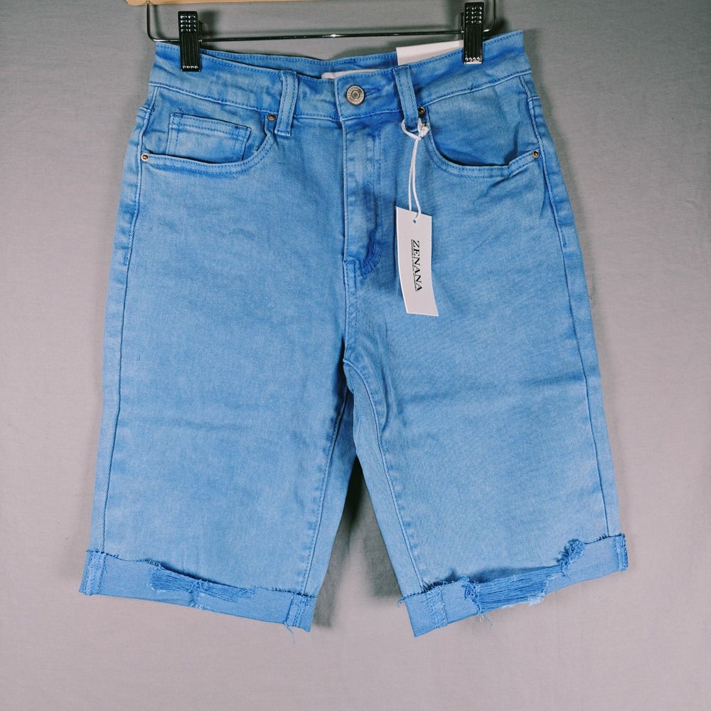Zenana Acid Wash Dyed Bermuda Distressed Shorts DMP-1892Y Ocean Blue Small